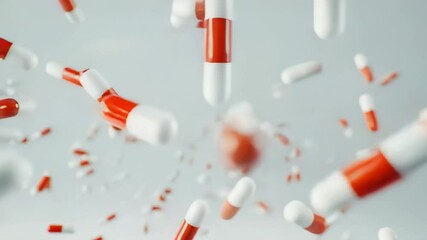 Red and white capsules falling in slow motion on a white background, pharmaceutical concept - Powered by Adobe