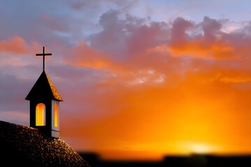 Fototapeta premium Golden Dawn over Church: A small church steeple silhouetted against a dramatic sky ablaze with the fiery hues of sunset, the warm light from within hinting at a sanctuary of faith and peace.