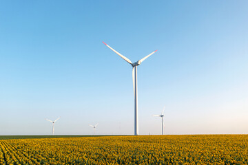 Wind turbines spin above agricultural fields illuminated golden sunset aerial view. Renewable energy meets rural landscape harmony between technology, sustainability, environmental consciousness.