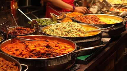 Varied curries and side dishes in large metal serving bowls at a food market.