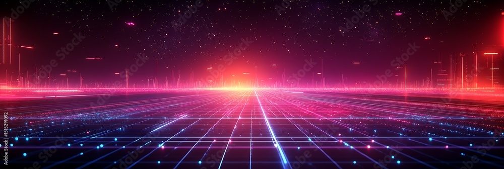 Poster digital horizon: abstract digital landscape with glowing lines and particles, representing futuristi