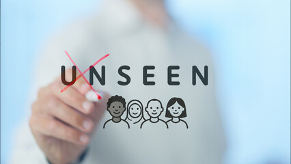 University professor crosses out the word unseen written on a transparent whiteboard, revealing a...