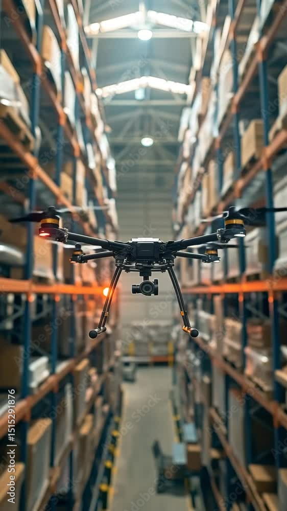 Poster drone operates in large warehouse, capturing inventory efficiently and enhancing logistics processes