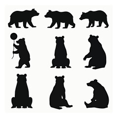Nine black bear silhouettes in various poses bear set
