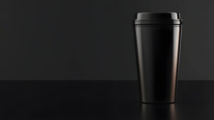 Glossy black tumbler on a dark surface.