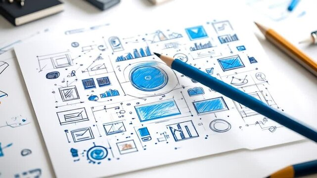 Hand-drawn sketches on white paper, filled with various graphic elements, including charts, diagrams, and basic shapes, overlaid with a network of lines. A blue colored pencil rests on the page