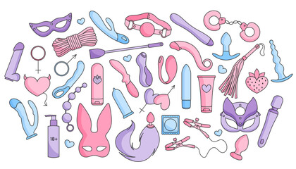 Big vector set of adult sex toys, accessories for bdsm sex games, linear pink, blue and violet icons, doodle and sketch style, hand drawing