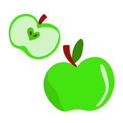 Juicy green apple hand drawn, whole and half.