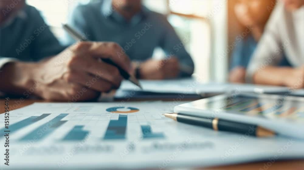 Poster focus on teamwork and analysis in a business meeting with charts and graphs on the table.