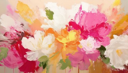 vivid abstract floral oil painting with pink, white, orange blossoms and lush brushstrokes for wall art, print, branding, or web design

