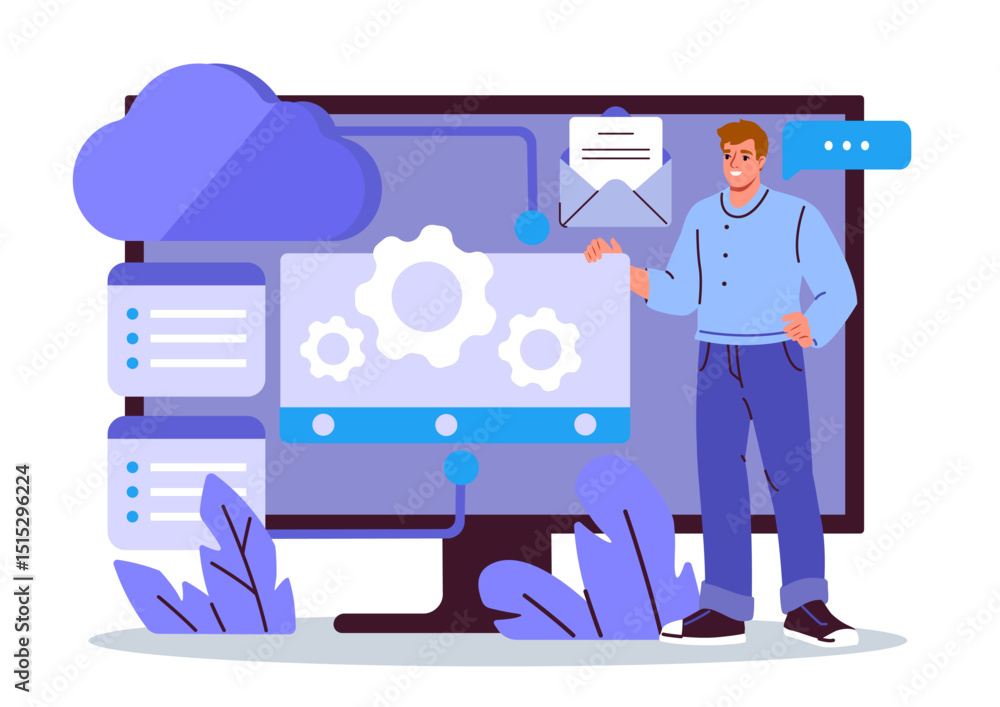 Poster man standing beside large screen displaying cloud computing interface, with settings icons, email sy