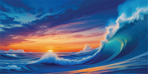 Fototapeta premium Watercolor Waves Depicting Abstract Ocean and Sky Interaction for Calm Backgrounds. Abstract Ocean Movement in Watercolor with Soft Flowing Waves and Serene Sky View