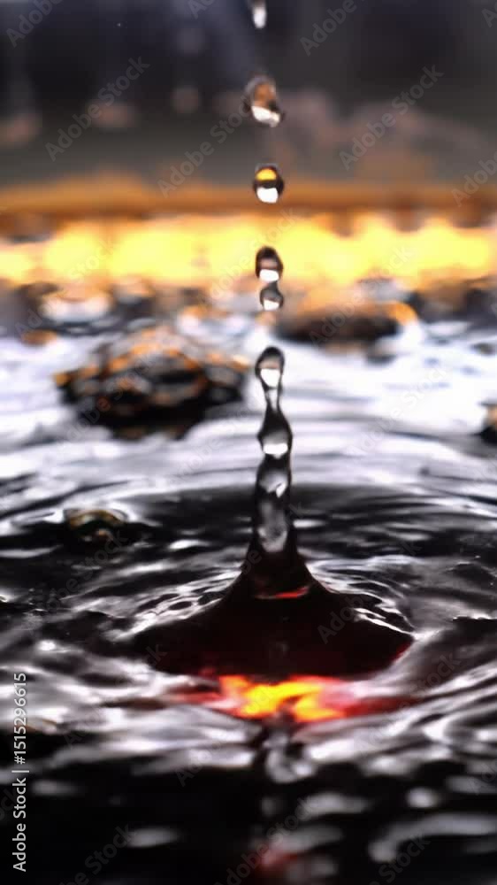 Poster macro close-up video capturing dynamic interaction on a dark, viscous liquid surface with luminous o