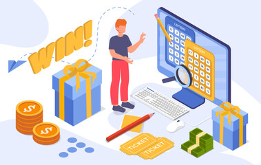 A person celebrates winning an online lottery with tickets, coins, cash, and gifts on a white background, showing digital success and fortune concept. Vector illustration