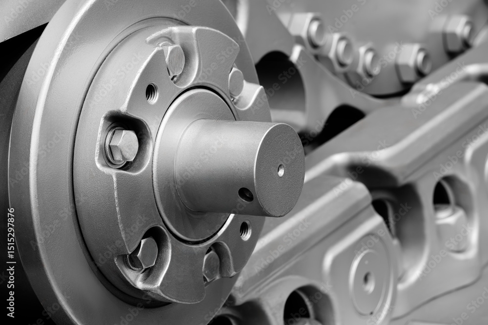 Fototapete Tractor track on roller close up machine part many bolts and screws сoncept complexity precision, many parts fasteners work together create functioning machine