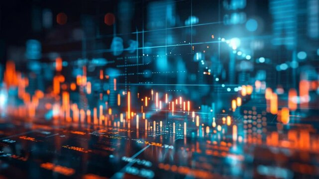 Futuristic digital financial chart with glowing data points and trends, symbolizing investment opportunities.