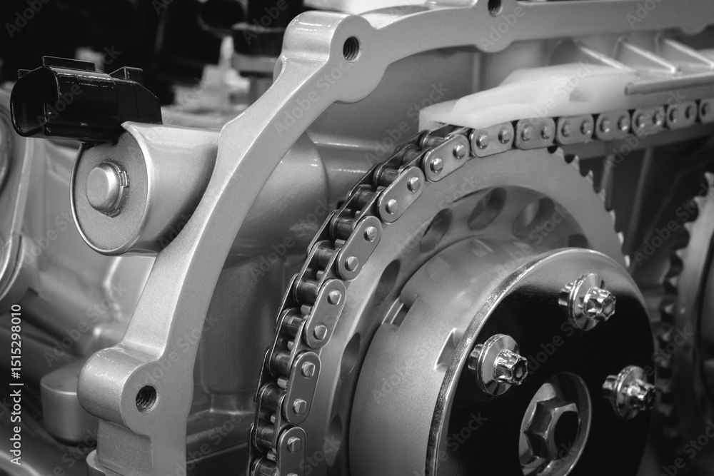Poster a close up of a chain drive engine. the chain is silver and has many small holes auto service concep