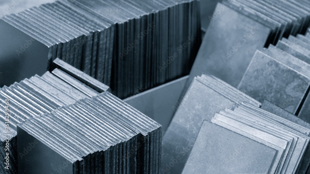 Poster pile of metal sheets with a variety of sizes and shapes. Concept of organization and structure industrial concept background