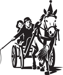 Horse drawn carriage vintage illustration, Old transport with riders in silhouette