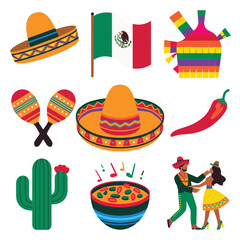 vector icons traditional Mexican Cinco de Mayo themes, Mariachi Hat, Flag, Mexican pride culture 
