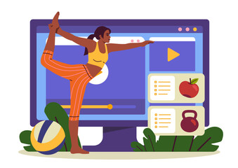 Woman practicing yoga pose in front of large screen showing fitness video interface, with icons of healthy food and workout, on white background. Vector illustration