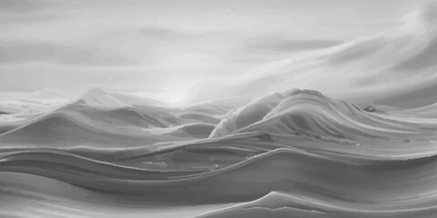 Fototapeta premium Abstract Ocean Movement in Watercolor with Soft Flowing Waves in Gray and White Tones and Serene Sky View. Hand-Painted Watercolor of Abstract Ocean Waves under a Peaceful Gray and White Sky