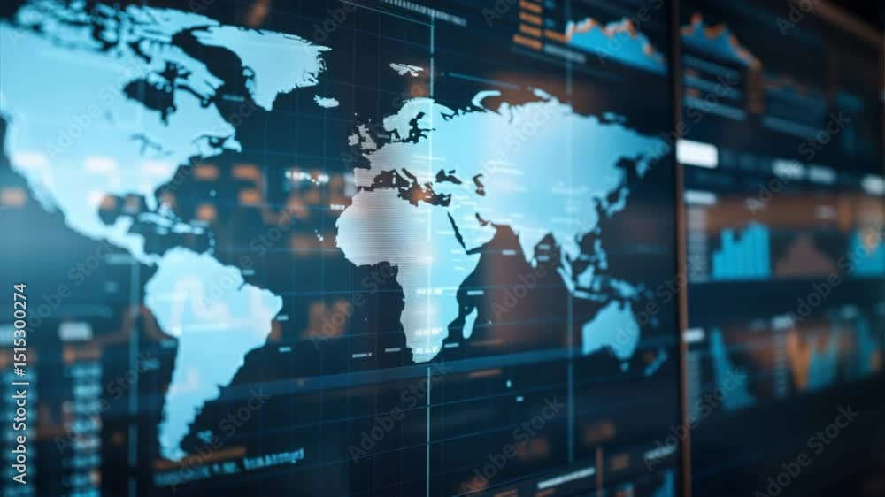 Poster a detailed abstract view of a world map overlaying digital data and financial statistics in blue ton