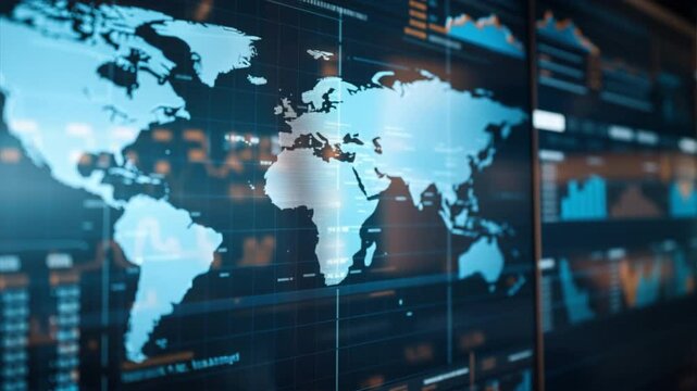 A detailed abstract view of a world map overlaying digital data and financial statistics in blue tones.