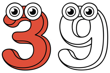 Cartoonish number thirty nine featuring googly eyes showcases vibrant color next to a bold outline