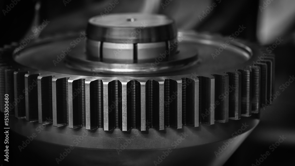 Poster a close up of a gear with a black and white filter. concept of precision and complexity, as gears ar