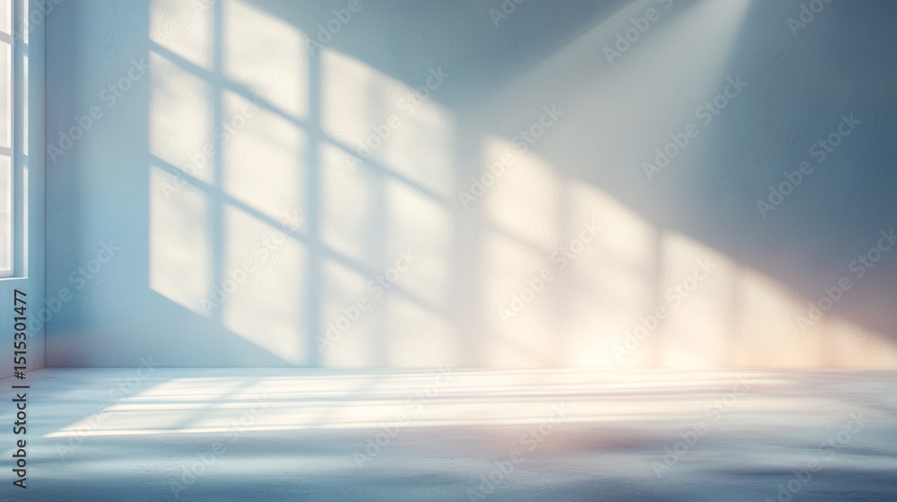 Poster sunlit empty room with concrete walls and window shadow