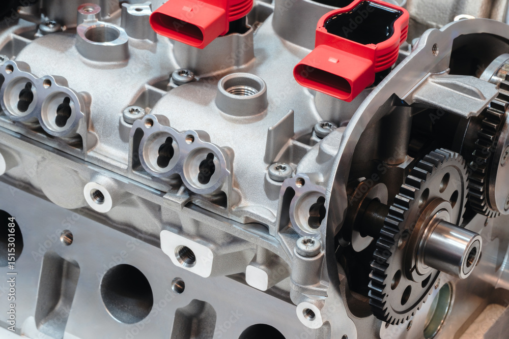 Poster A close up of a car engine with a lot of detail. The engine is a complex piece of machinery with many parts and components. Concept of awe and admiration for the engineering and design of the engine