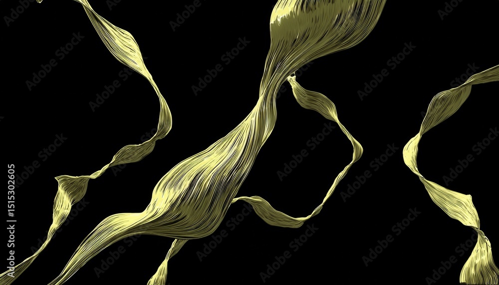 Aufkleber fluid golden ribbons with fine linear texture on black background for abstract design, digital art, branding, print, and luxury web interface

