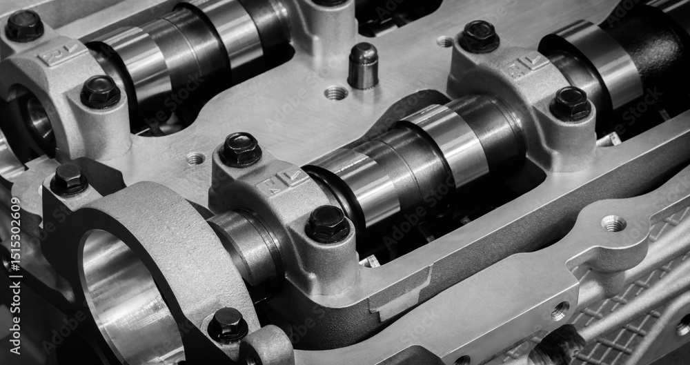 Poster a close-up of car engine showing cylinders and pistons. engine made metal and has shiny, metallic ap