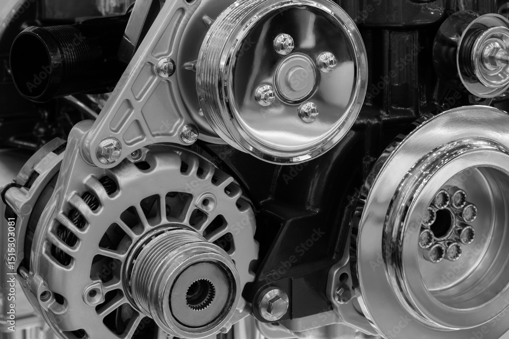 Poster A close up of a car engine with a lot of detail. The engine is a complex piece of machinery with many parts and components. Concept of awe and admiration for the engineering and design of the engine.