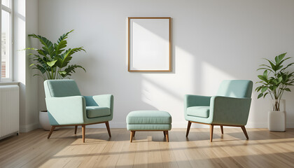 Modern living room with mint green armchairs and mockup frame