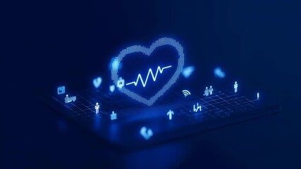 A digital heart symbol with a heartbeat line surrounded by various health-related icons in a blue background. Represents health technology and wellness. - Powered by Adobe