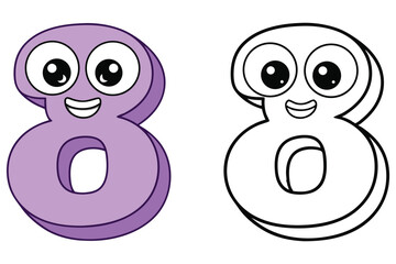 Smiling number eight character in purple and a coloring page version appear together here