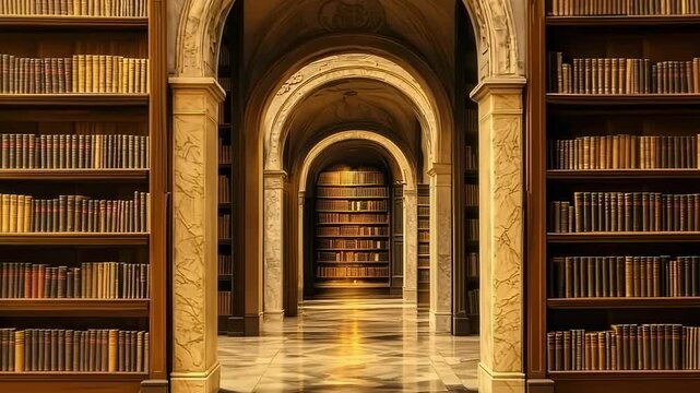 Ornate library corridor with arched doorways and shelves filled with books, creating a sense of depth and classic elegance.