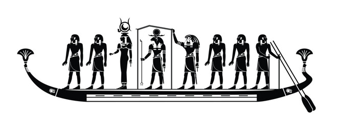 Relief from KV 17, Tomb of Sety I, Egyptian Hieroglyphs with stories of gods and goddesses. Ritual journey of the gods and goddesses on a boat on the Nile.