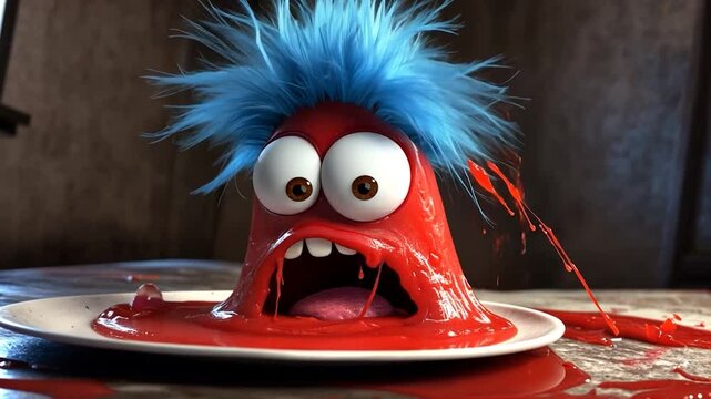 Red blob character melts and spills