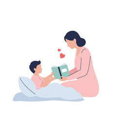 Mother reading a book to child in bed with love and care