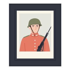 Soldier portrait in vintage frame wearing uniform with rifle  