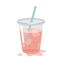 Plastic cup with melting ice and pink liquid on a white background  