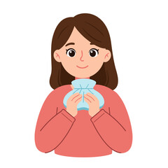 Young woman holding cold compress and smiling in casual attire  