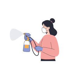 Woman spraying disinfectant mist while wearing a mask and gloves  