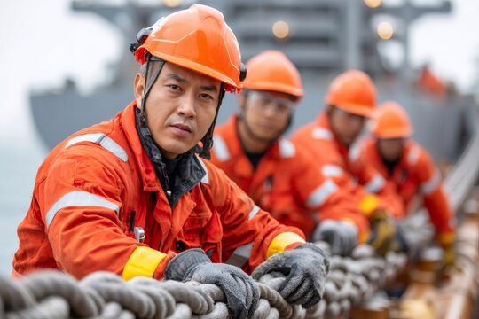 Deck crew pulling rope on ship, teamwork in maritime industry