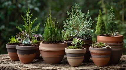 Fototapeta premium Miniature trees and plants in layered, stacked pots