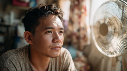 Obraz premium Asian Man cooling off in front of a standing fan in a small apartment, shirt slightly sweating from heat, natural lighting and authentic home setting.