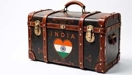 vintage suitcase with Indian flag and heart symbol, isolated on white background, copy space